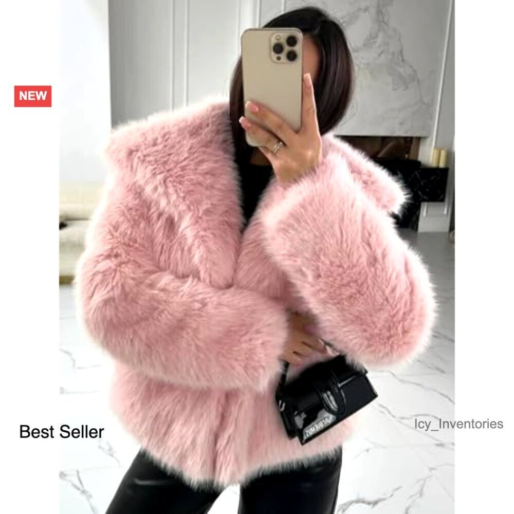 Faux Fur Coat Fluffy Shaggy Parka Elegant Winter Jacket Open Front Lapel - Picture 3 of 7
